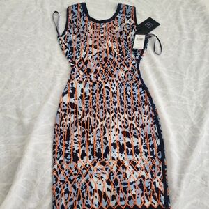 Herve Leger Navy, Light Blue & Orange Sleeveless Midi Dress